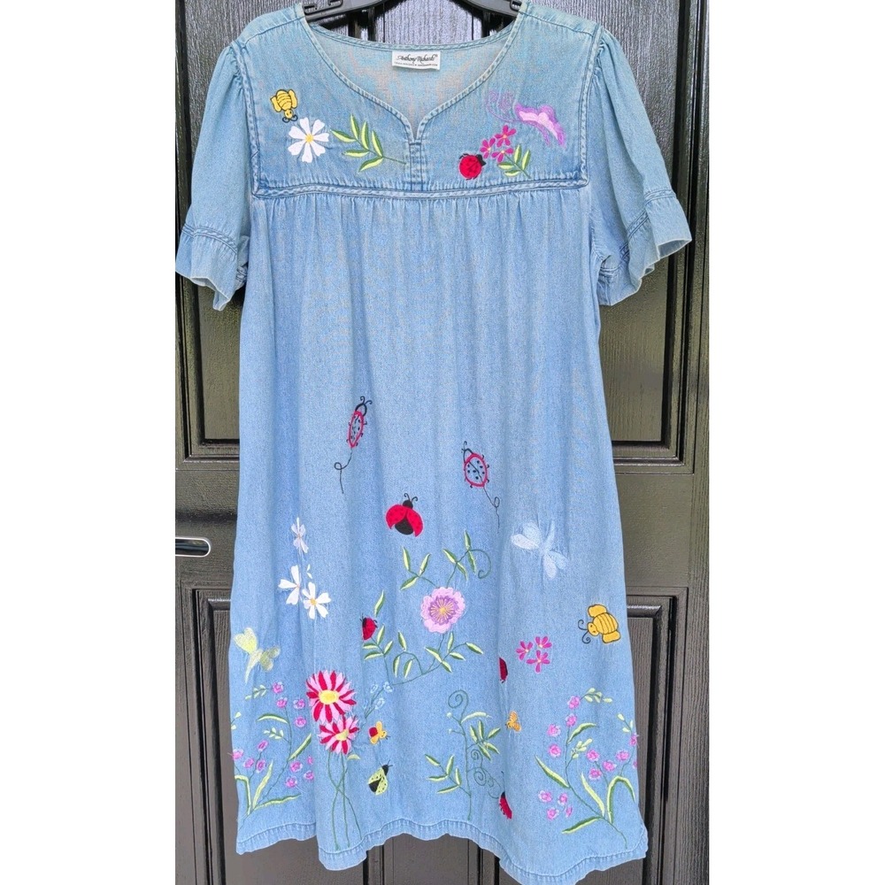 Anthony Richards Denim Floral Butterfly Bee Dress Sz XL? Cottagecore Grandma